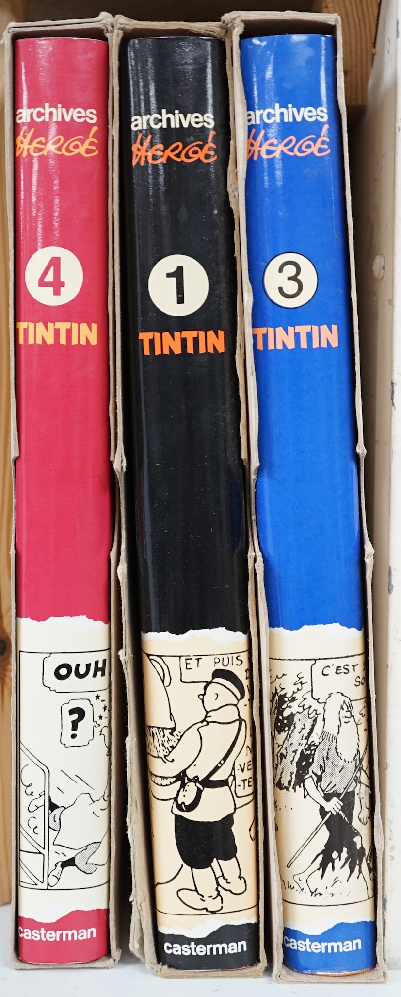 Casterman, Tintin ‘archives’, volumes: 1, 3 and 4, with folio covers and dust sheets, 24cm wide x 31cm high. Condition - fair